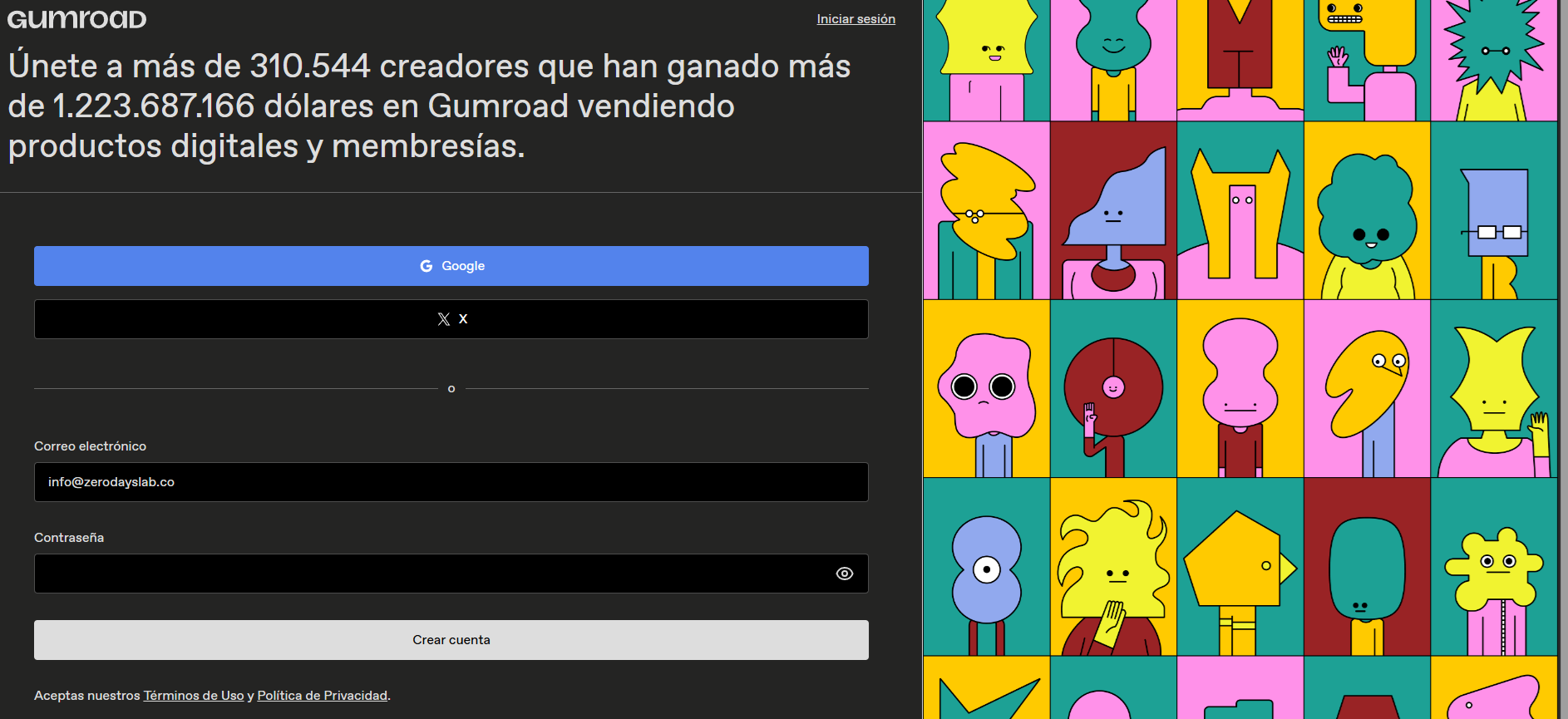 Pantalla de registro de Gumroad